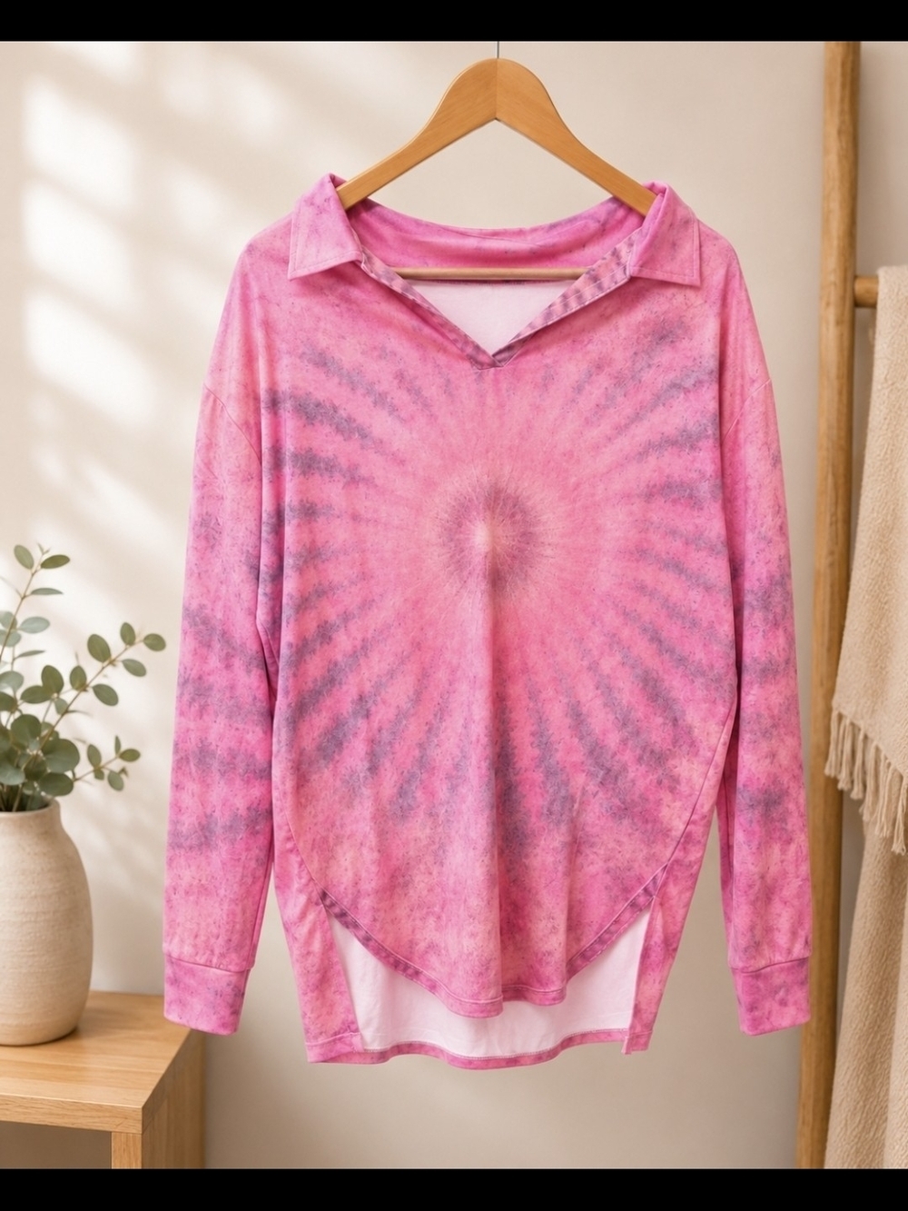 Pink Tie-Dye Collared Polysester V-Neck Long Sleeve Top - Picture 2 of 4